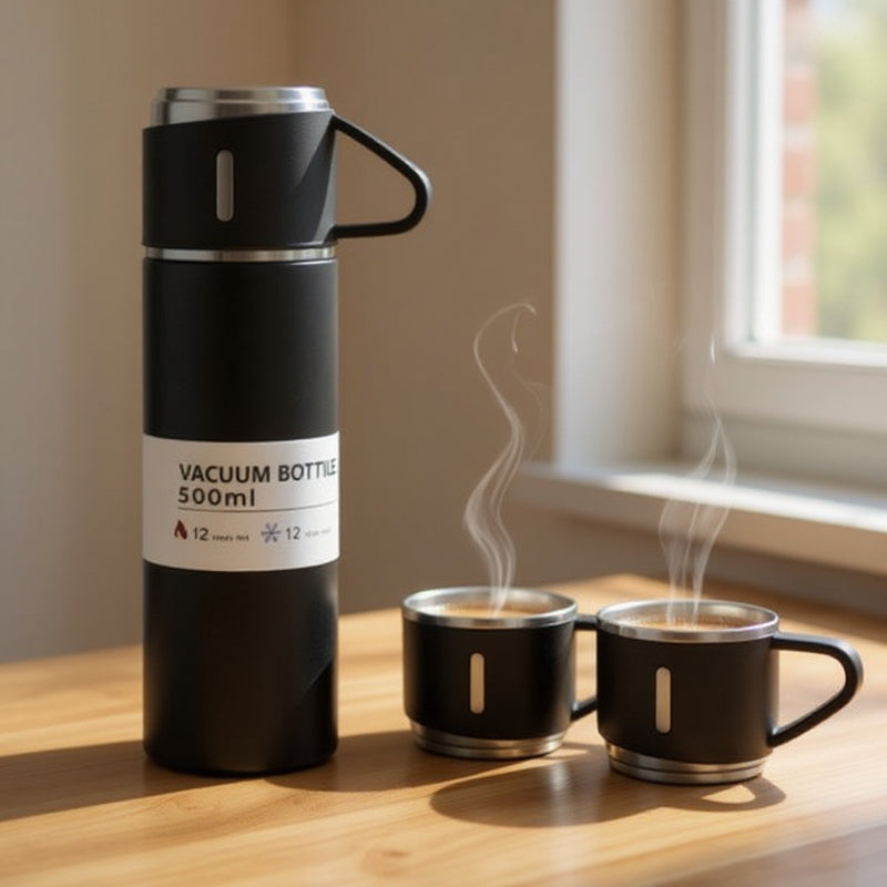 kit Térmico Premium 500ml – Garrafa + 3 Xícaras